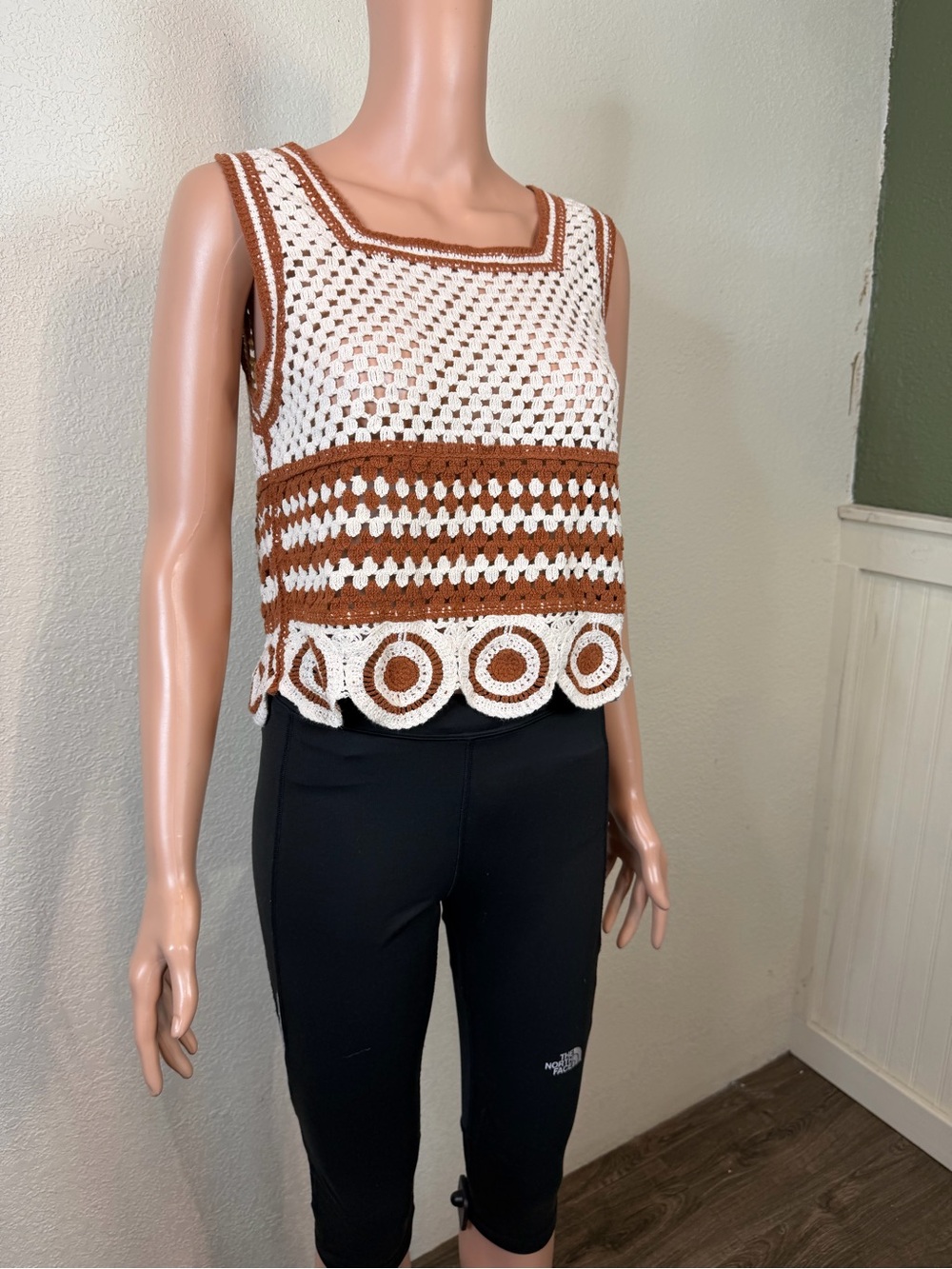 Ultra Pink Crochet Square Neck Tank Top in White and Brown - Picture 4 of 12
